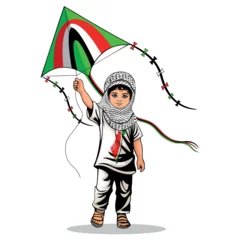 Papier Peint photo Dessiner Child from Gaza, little Boy with Keffiyeh and holding a flying kite symbol of freedom Vector illustration isolated on White