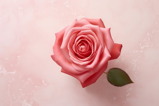 A high-resolution image capturing the top view of a red rose against a pastel rose quartz background, allowing for personalized text additions.