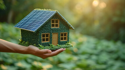 Hands holding a small house with solar panels on the green background