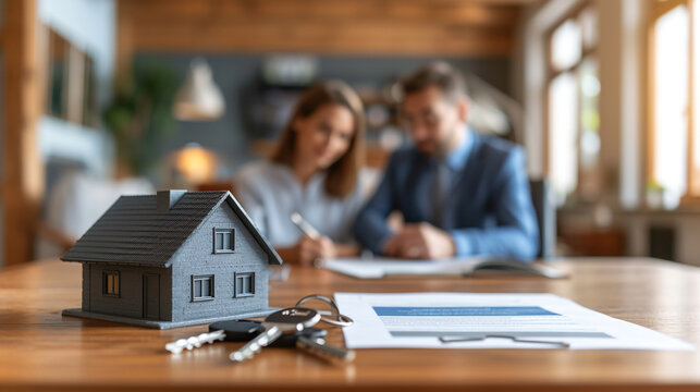 Real estate agent shows a house model to customer at table in office.