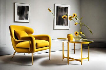 A sunflower yellow armchair paired with a contemporary glass side table.