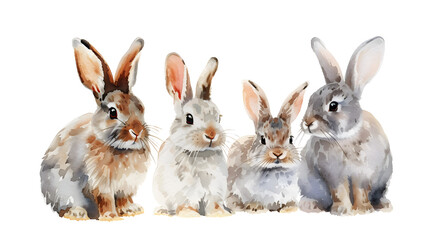 Group of rabbits on white background watercolor illustration