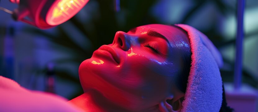 woman undergoing facial therapy with red laser