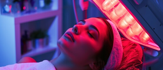 woman undergoing facial therapy with red laser - obrazy, fototapety, plakaty