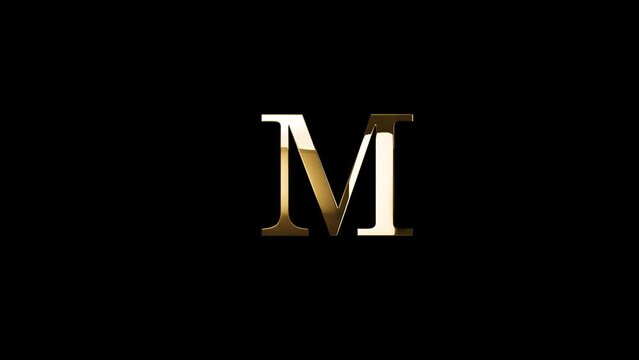 Golden letter M with gold particles and alpha channel, golden alphabet