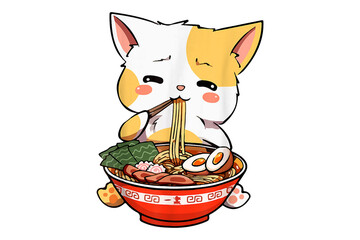 Cute cat eat ramen noodles. Kawii little kitty. Vector illustration  