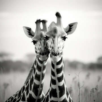 Realistic black and white photography of an adorable giraffe couple in the savannah. AI generative.