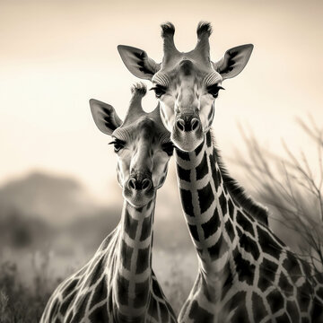Realistic black and white photography of an adorable giraffe couple in the savannah. AI generative.