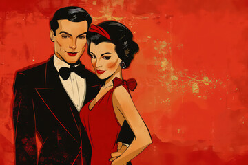Couple in retro fashion style abstract background. Love and valentine day concept. Generative ai.