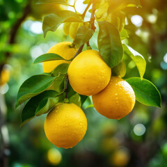 Fresh harvest of ripe yellow lemons on a tree in greenhouse. AI generative.