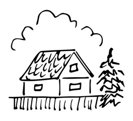 Simple vector drawing in doodle style. Village house, rural landscape, spruce tree, fence, clouds. Sketch in ink.