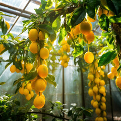 Harvest of ripe lemons in a greenhouse, vibrant yellow fruits on the tree. AI generative.