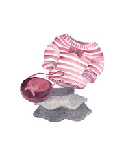 90s fashion: striped pink sweater, dark ruffled skirt and crossbody bag. Watercolor illustration