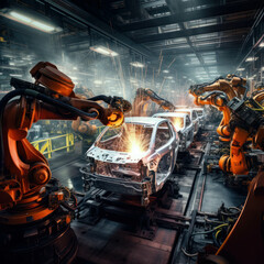 Robot arms precisely welding cars in a modern car factory. AI generative. - obrazy, fototapety, plakaty