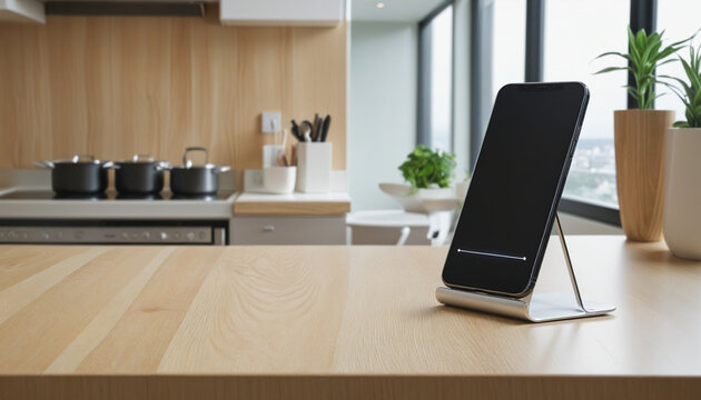 UI UX mockup image of smartphone with blank transparent screen, stands on the table near apple in the kitchen environment furnishings
