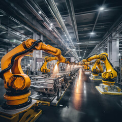 High-tech robotics and conveyors at work inside a manufacturing facility. AI generative.