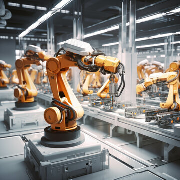 Precision robotic arms and conveyors in action within a bustling manufacturing plant. AI generative.