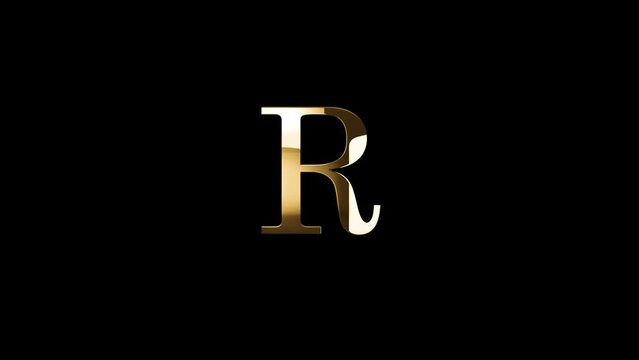Golden letter R with golden particles and alpha channel, golden alphabet