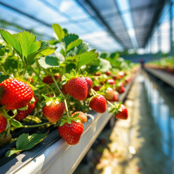 Lush strawberry plantations inside greenhouses, symbolizing the beauty of sustainable agriculture. AI generative.