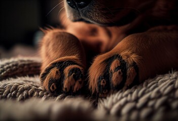 Close up puppy dog paws on a white cozy blanket. Macro of brown dog paws. Generative AI