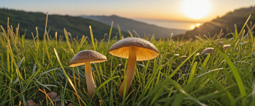 Golden Cap Magic Mushrooms in Field at Dawn
