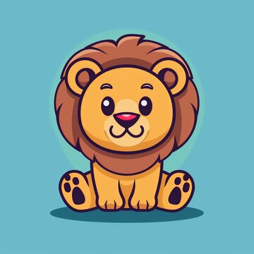 Flat design lion logo, cute cartoon lion icon. Modern vector graphic for branding and marketing.