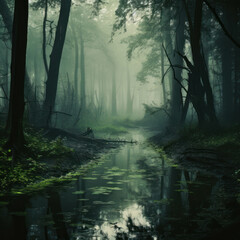 Tranquil spring quagmire in a misty forest, showcasing the captivating beauty of a wetland environment. AI generative.
