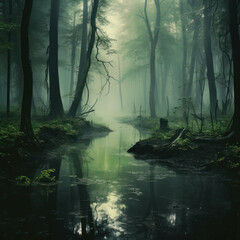 Tranquil spring quagmire in a misty forest, showcasing the captivating beauty of a wetland environment. AI generative. - obrazy, fototapety, plakaty