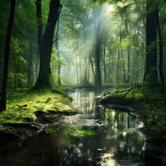 Fototapeta na wymiar Swamp forest scene with a light mist, showcasing the tranquil beauty of nature in spring. AI generative.