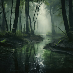 Swamp forest scene with a light mist, showcasing the tranquil beauty of nature in spring. AI generative.