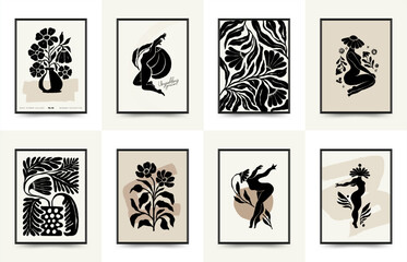 Modern Art Poster with body, women and flower. Matisse Abstract Set, Aesthetic Modern, Boho Decor, Minimalist, Illustration, Vector, Poster, Postcard. 