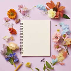 Top view of a neatly arranged work desk with notepad, office supplies, and flowers on a light background. Creative workspace concept. AI generative.