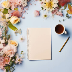 Minimalist workspace with office supplies, flowers, and creative clutter on a light background. Top view composition. AI generative.