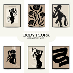 Modern Art Poster with body, women and flower. Matisse Abstract Set, Aesthetic Modern, Boho Decor, Minimalist, Illustration, Vector, Poster, Postcard. 
