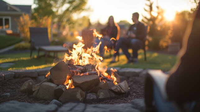 Residents gathered around a fire pit for a casual neighborhood meeting, the flames casting a soft glow and blurred shadows, care jobs, with copy space
