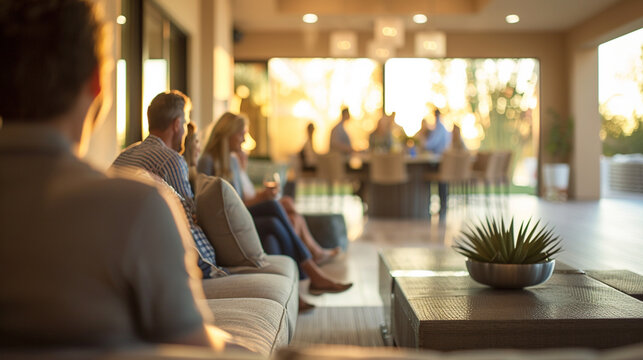 Residents of a gated community meeting at the clubhouse, luxury amenities softly blurred in the background, care jobs, with copy space