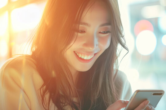 Charming woman with beautiful smile reading good news on mobile phone during rest in coffee shop.