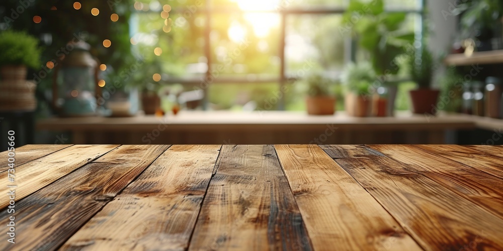 Poster an empty wooden table with blurred background, offering space for product display or design in a nat