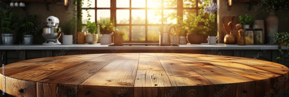 Poster an empty wooden table with a blurred background, offering a versatile surface for various design con