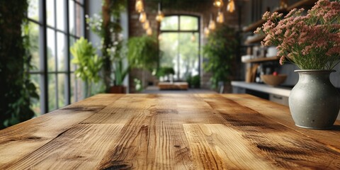 An empty wooden table serves as a versatile backdrop for various interior settings, be it home, cafe, or restaurant.