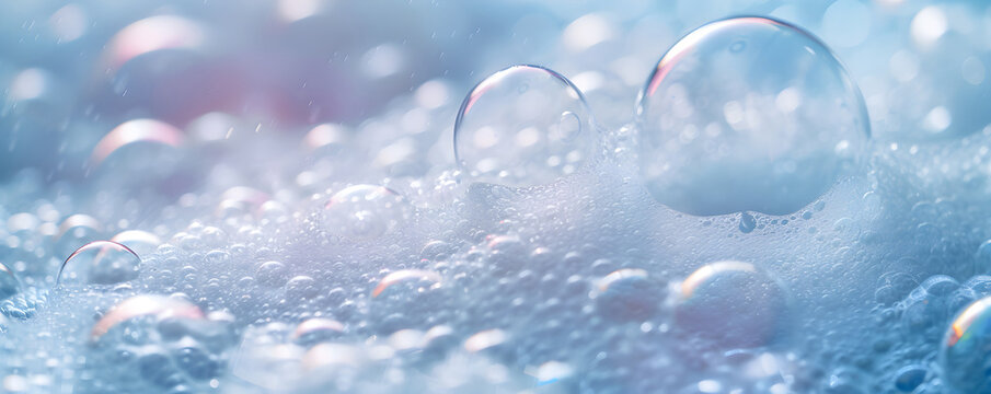 Background with soap foam and bubbles made of shampoo, lotion, detergent. Macro photo of spume in water. Banner with copy space for laundry, cleaning services, beauty, skin care, spa, concept