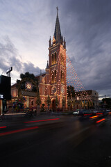 Fototapeta na wymiar Tan Dinh church, a famous worship place by pink color, got decorated in Christmas. Travel concept