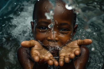African children enjoy clean water and stretches out his hands to tank with fountain of clean water