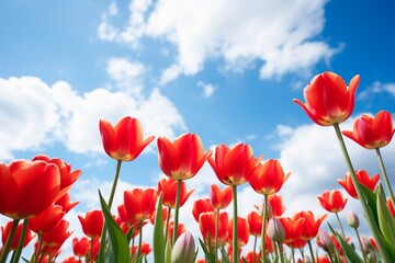 Red Tulip Flowers Against Blue Sky in Noord-Holland, Netherlands