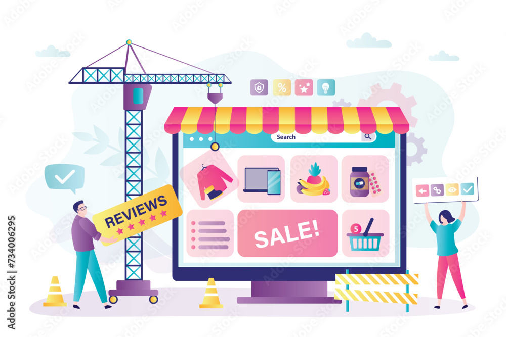 Poster internet shop development concept. group of developers and designers create e-shop website. teamwork