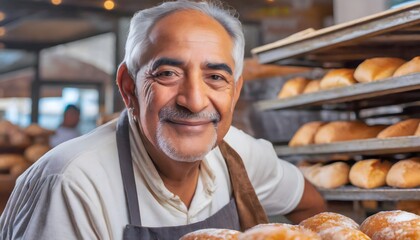 Close-up of an elderly baker in his shop.