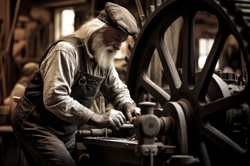 Fototapeta na wymiar The face of dedication: A millwright's portrait set against the rustic beauty of his workplace