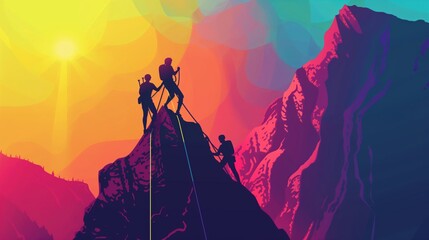 Climbing to the top of the mountain. A group of climbers climbed to the top of the mountain illustration. - Powered by Adobe