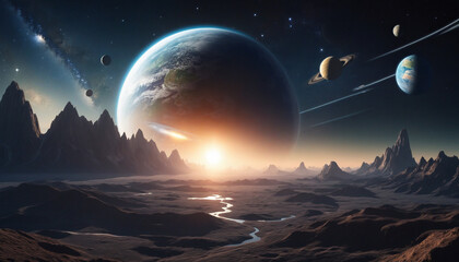Futuristic space scene with planets in the sky