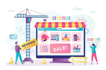 Internet shop development concept. Group of developers and designers create e-shop website. Teamwork, creation of an online store. Copywriting, uploading media content,